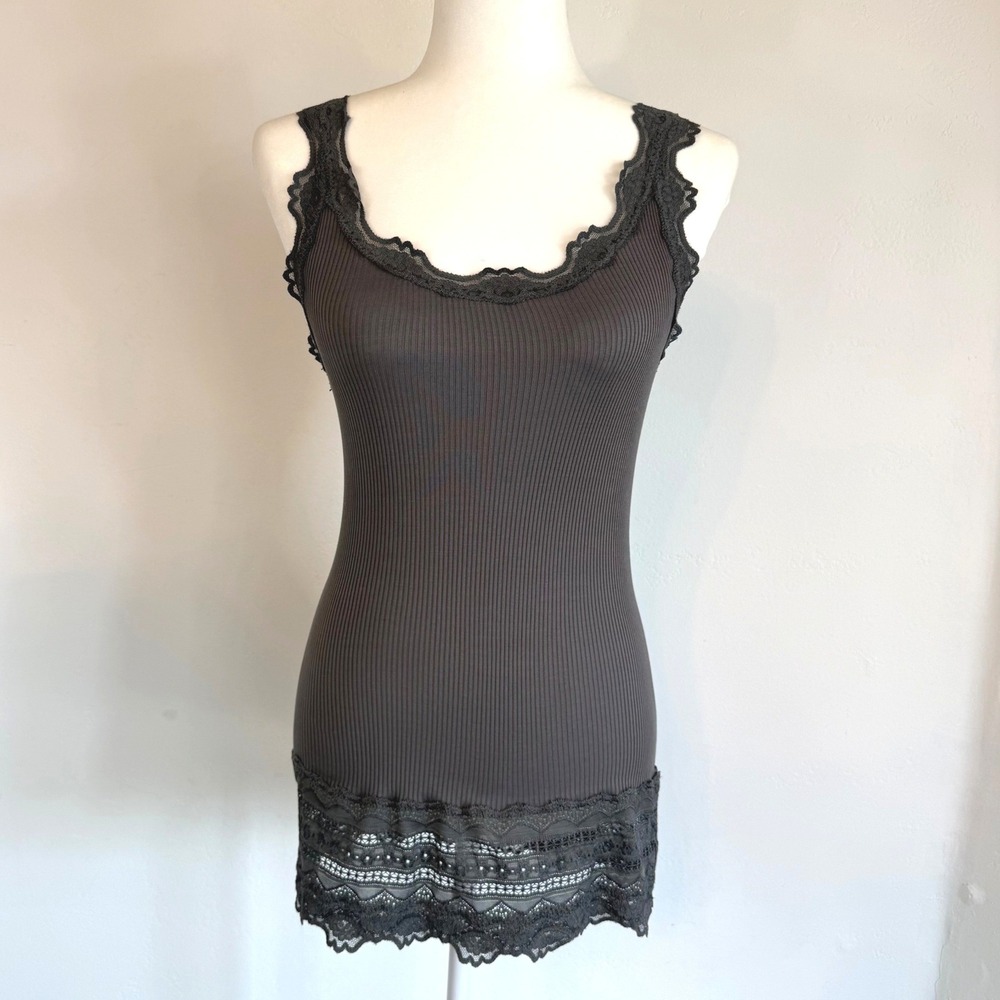 Rosemunde Silk Lace Tank Top Gray Ribbed Y2K Coquette Whimsigoth Romantic S